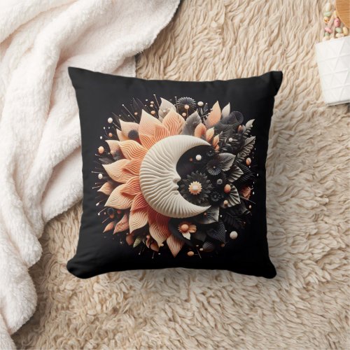 Abstract 3D Shape Half Sun Half Moon Face Florals  Throw Pillow