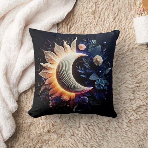 Abstract 3D Shape Sun Moon Flowers Vibrant Colors Throw Pillow