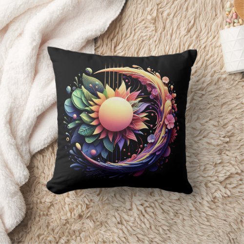 Abstract 3D Shape Sun Moon Flowers Vibrant Colors Throw Pillow