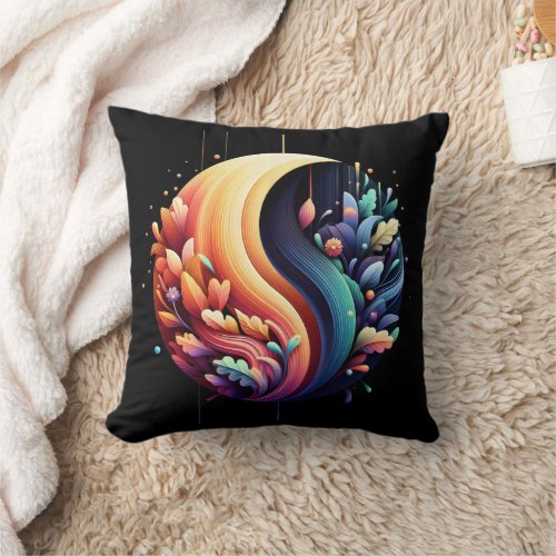 Abstract 3D Shape Yin Yang Flowers Vibrant Colors Throw Pillow