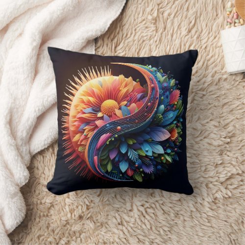 Abstract 3D Shape Yin Yang Flowers Vibrant Colors Throw Pillow