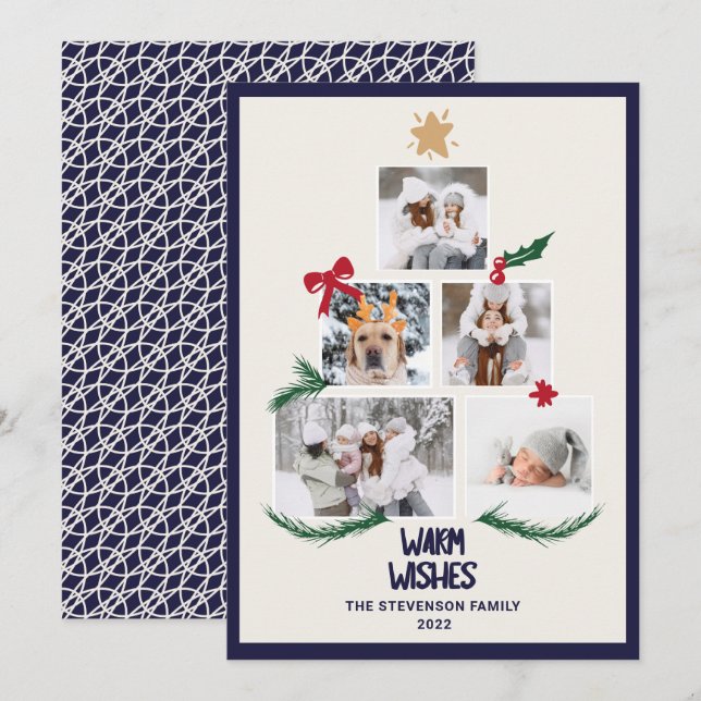 Abstract 5 photos Christmas tree navy ecru wishes Holiday Card (Front/Back)