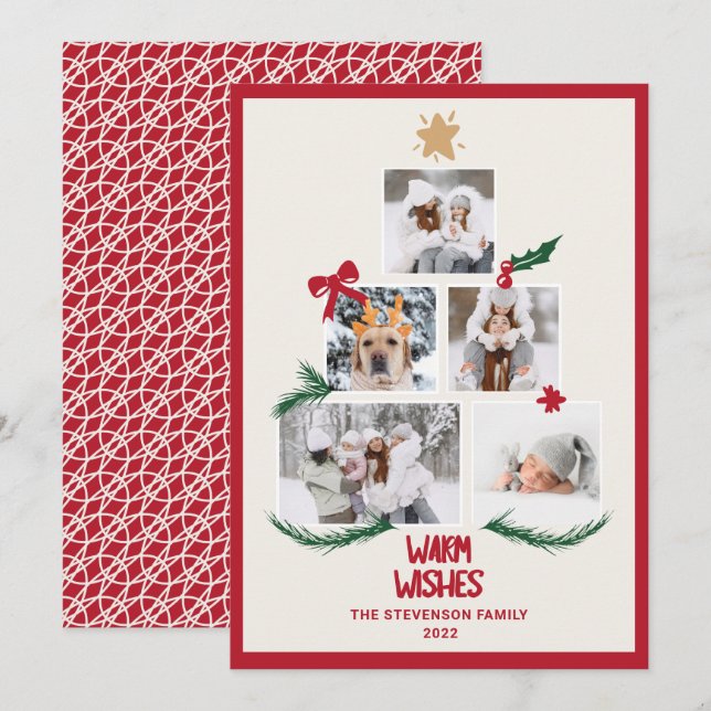 Abstract 5 photos Christmas tree red ecru wishes Holiday Card (Front/Back)