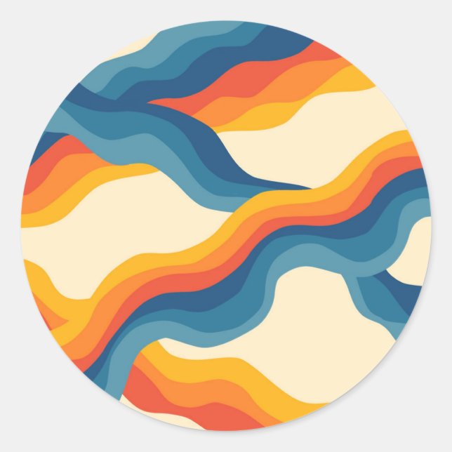 Abstract 70s Retro Orange Blue Wavy Stripe Pattern Classic Round Sticker (Front)
