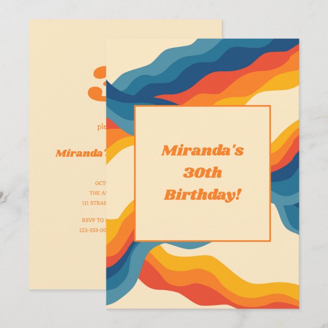 Abstract 70s Retro Orange Blue Wavy Stripe Pattern Invitation (Front/Back)