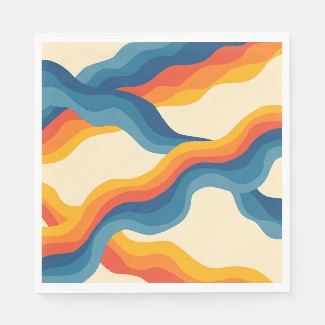 Abstract 70s Retro Orange Blue Wavy Stripe Pattern Napkins (Front)