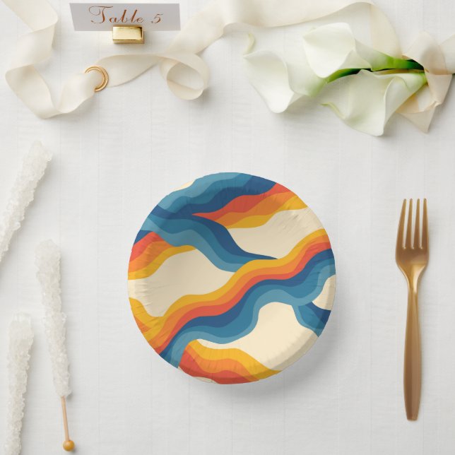 Abstract 70s Retro Orange Blue Wavy Stripe Pattern Paper Bowls (Wedding)