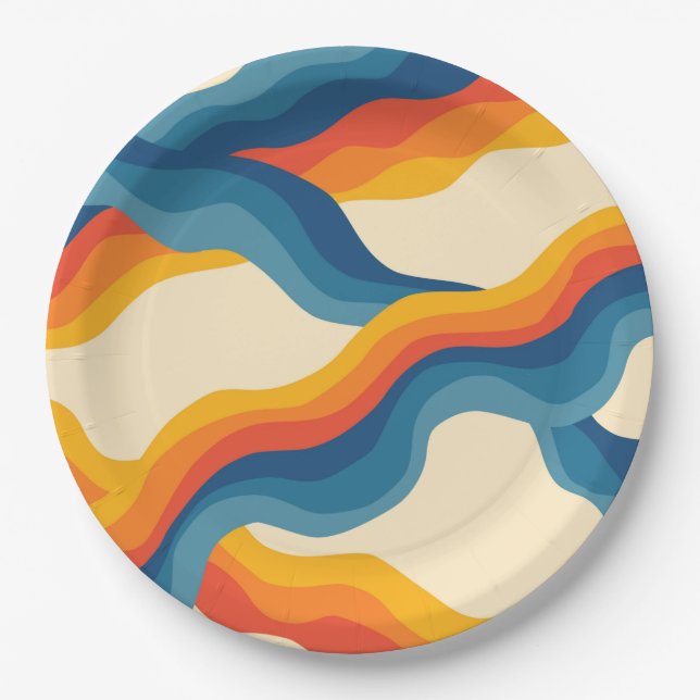 Abstract 70s Retro Orange Blue Wavy Stripe Pattern Paper Plates (Front)