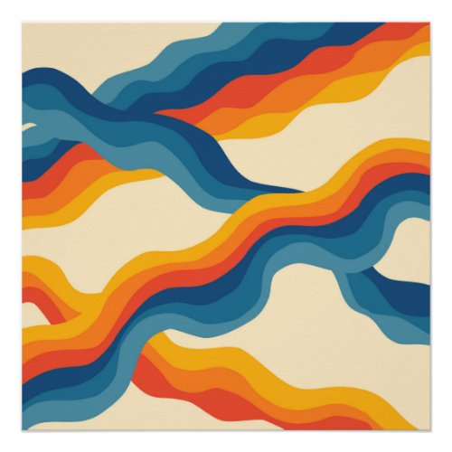 Abstract 70s Retro Orange Blue Wavy Stripe Pattern Poster