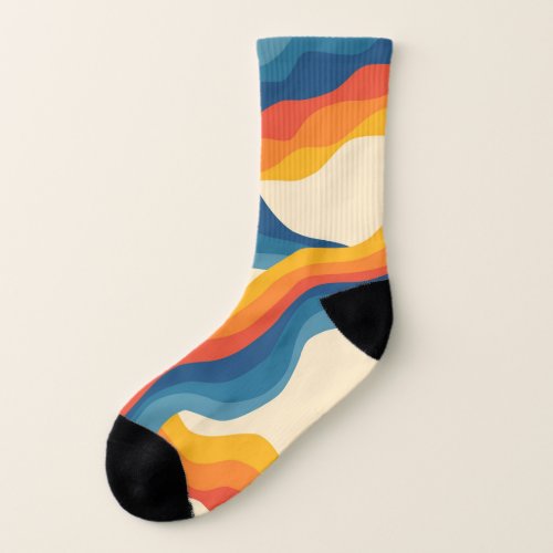 Abstract 70s Retro Orange Blue Wavy Stripe Pattern Socks