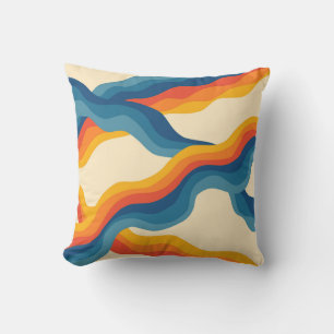 Abstract 70s Retro Orange Blue Wavy Stripe Pattern Throw Pillow