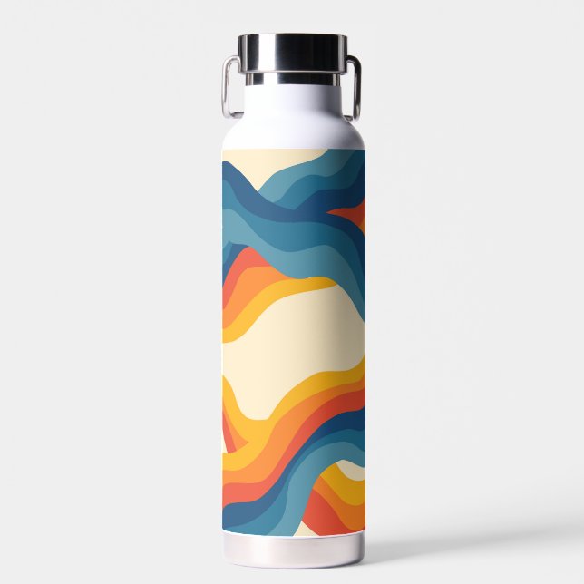 Abstract 70s Retro Orange Blue Wavy Stripe Pattern Water Bottle (Front)