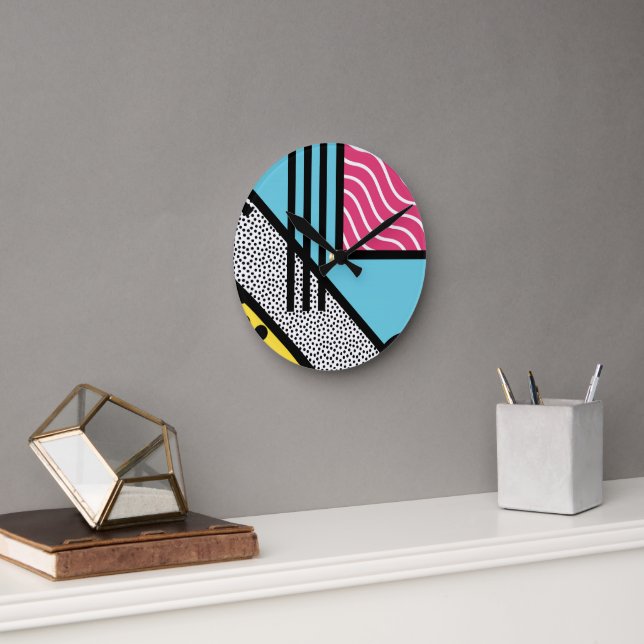 Abstract 80s memphis pop art style graphics round clock | Zazzle