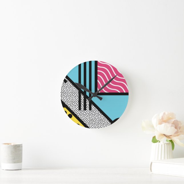 Abstract 80s memphis pop art style graphics round clock | Zazzle