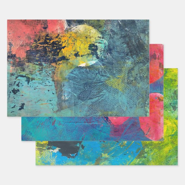 Abstract Acrylic Paint Gelli Print Set of Three Wrapping Paper Sheets (Set)