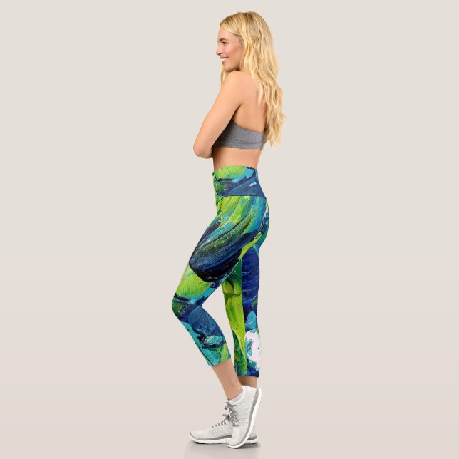 Abstract Acrylic Paint in Blue Capri Leggings (Left)