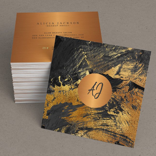 Abstract acrylic painted gold black monogrammed square business card (Creator Uploaded)
