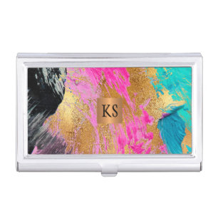 Abstract acrylic painting copper gold monogrammed business card case