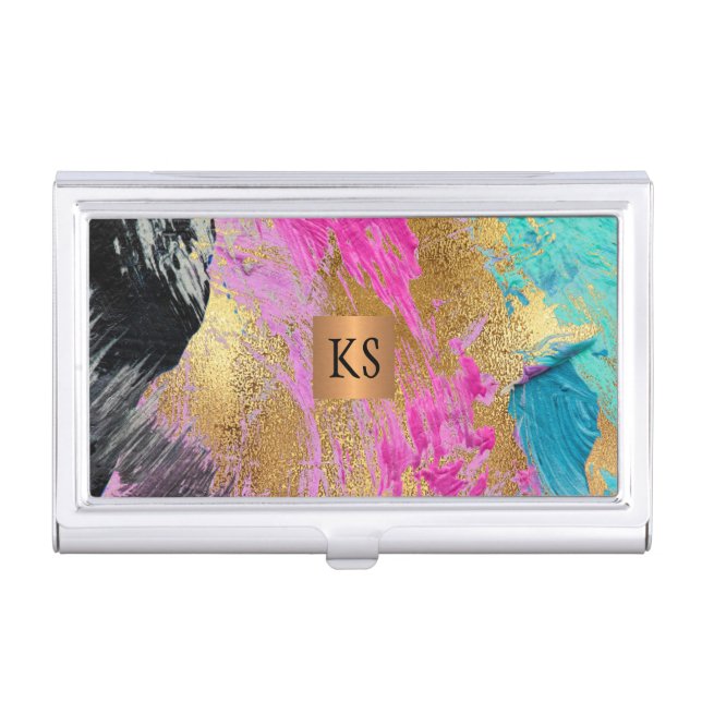 Abstract acrylic painting copper gold monogrammed business card case (Front)