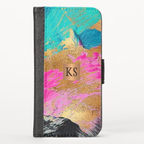 Abstract acrylic painting copper gold monogrammed iPhone x wallet case