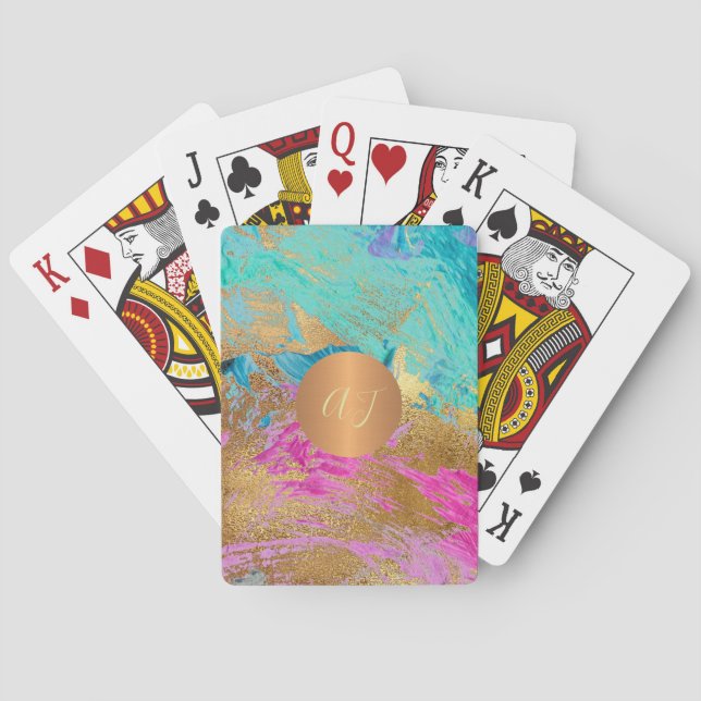 Abstract acrylic painting copper gold monogrammed poker cards (Back)