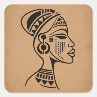 Abstract African Tribal Face | Minimalist Line Art Square Sticker