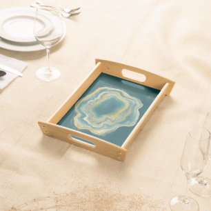 Abstract Agate Green and Gold Marble Swirl Serving Tray