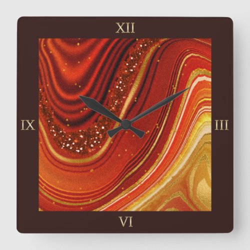 Abstract Agate Hot Orange ID827 Square Wall Clock