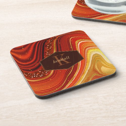 Abstract Agate Monogram Hot Orange ID827 Beverage Coaster