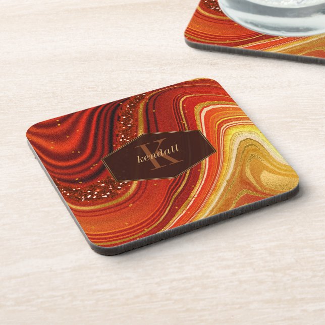 Abstract Agate Monogram Hot Orange ID827 Beverage Coaster (Left Side)