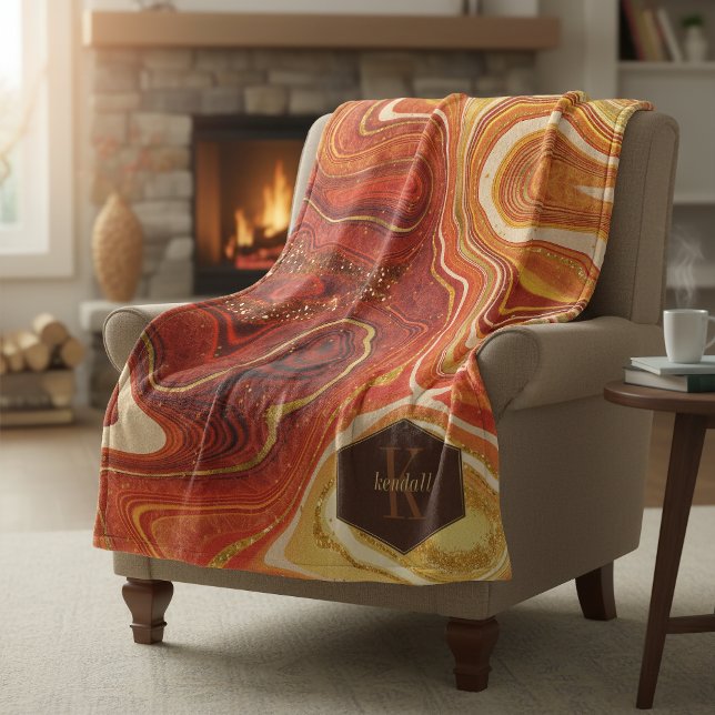 Abstract Agate Monogram Hot Orange ID827 Fleece Blanket (Creator Uploaded)