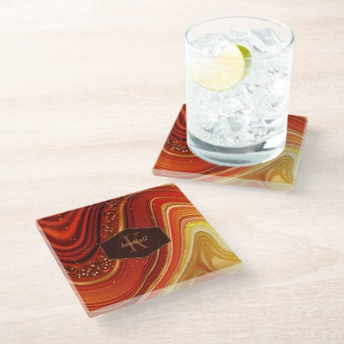 Abstract Agate Monogram Hot Orange ID827 Glass Coaster