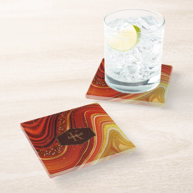 Abstract Agate Monogram Hot Orange ID827 Glass Coaster (Angled)