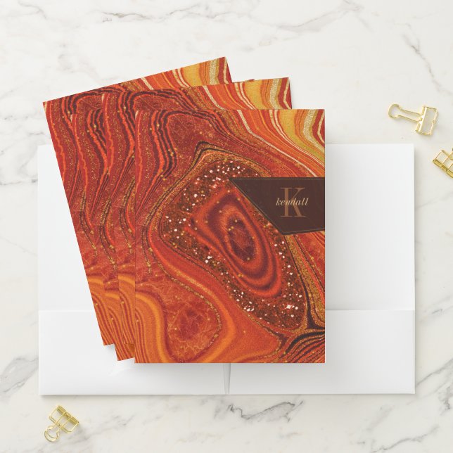 Abstract Agate Monogram Hot Orange ID827 Pocket Folder (In Situ)