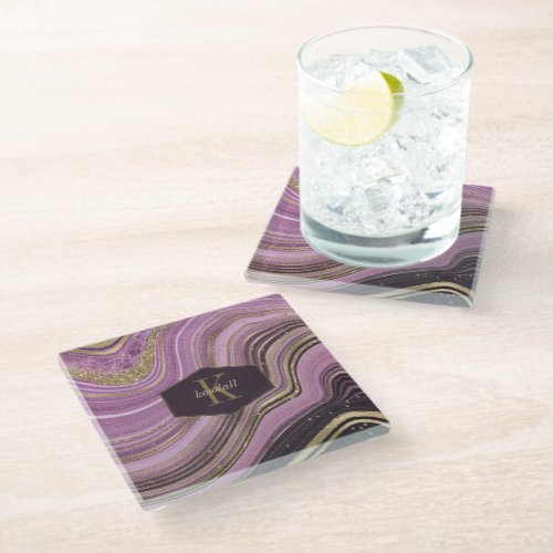 Abstract Agate Monogram Mauve ID827 Glass Coaster