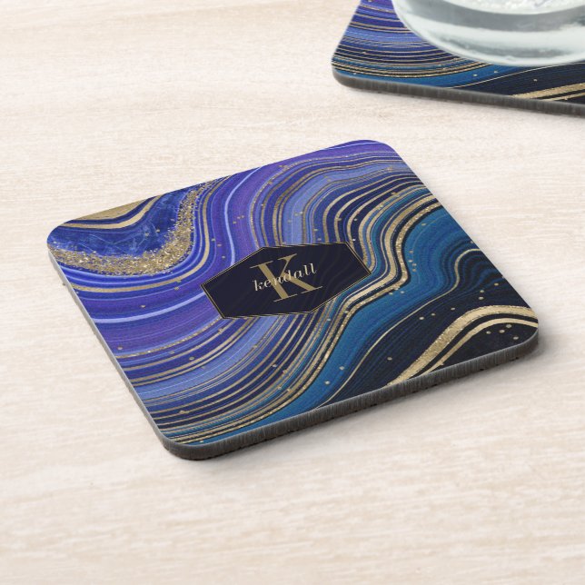 Abstract Agate Monogram Midnight ID827 Beverage Coaster (Left Side)