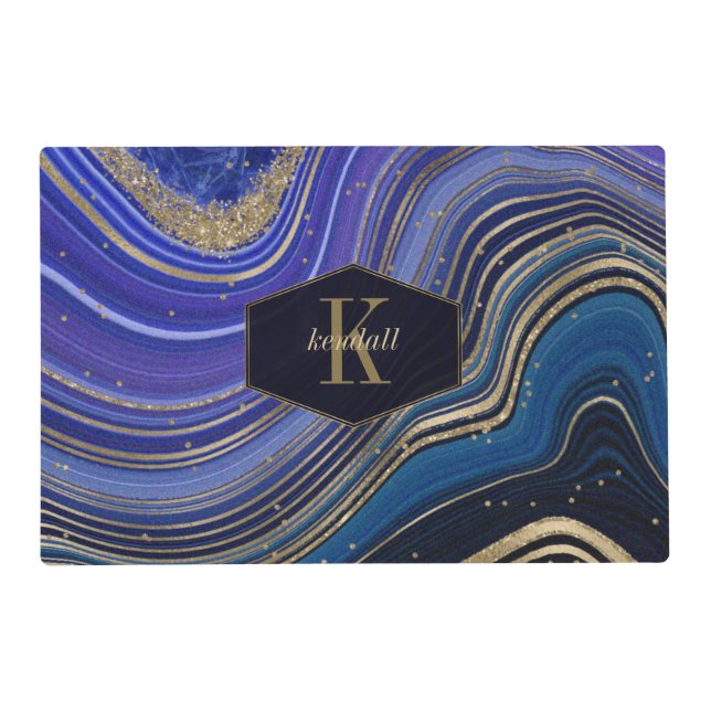Abstract Agate Monogram Midnight ID827 Placemat (Back)