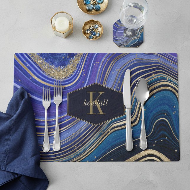 Abstract Agate Monogram Midnight ID827 Placemat (Creator Uploaded)