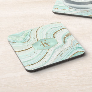 Abstract Agate Monogram Mint ID827 Beverage Coaster