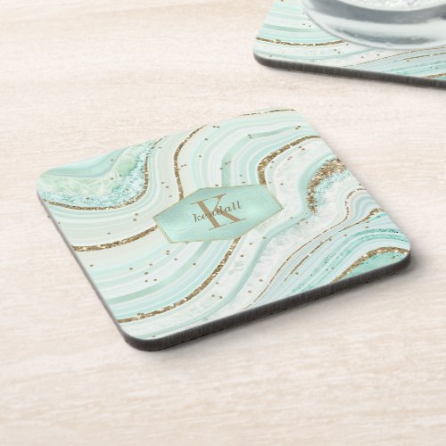 Abstract Agate Monogram Mint ID827 Beverage Coaster