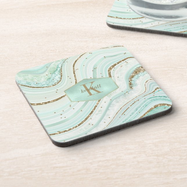 Abstract Agate Monogram Mint ID827 Beverage Coaster (Left Side)