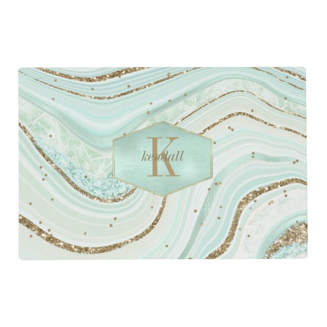 Abstract Agate Monogram Mint ID827 Placemat (Back)