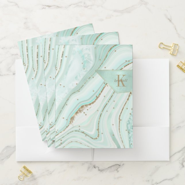 Abstract Agate Monogram Mint ID827 Pocket Folder (In Situ)