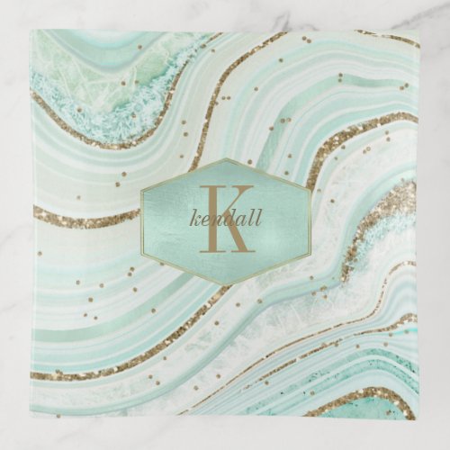 Abstract Agate Monogram Mint ID827 Trinket Tray