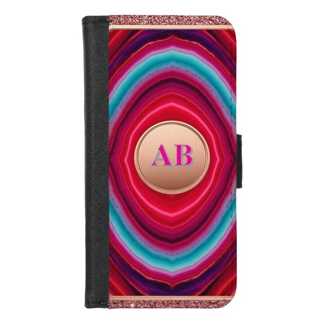 Abstract Agate Pattern Red Pink Blue Glitter iPhone Wallet Case (Front)