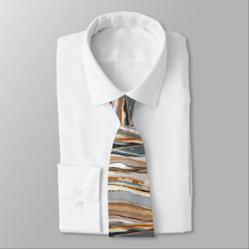 Abstract Agate Stripe Tan Grey Cream Neck Tie