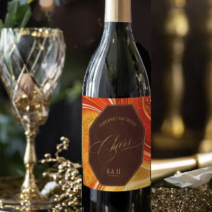 Abstract Agate Wedding Cheers Hot Orange ID827 Wine Label