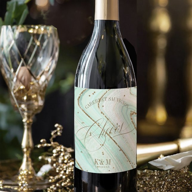 Abstract Agate Wedding Cheers Mint ID827 Wine Label (Creator Uploaded)