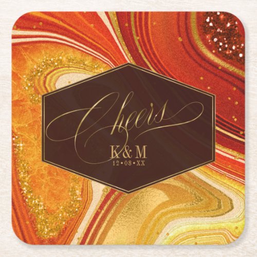 Abstract Agate Wedding Cheers V1 Hot Orange ID827  Square Paper Coaster