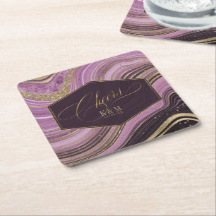 Abstract Agate Wedding Cheers V1 Mauve ID827 Square Paper Coaster